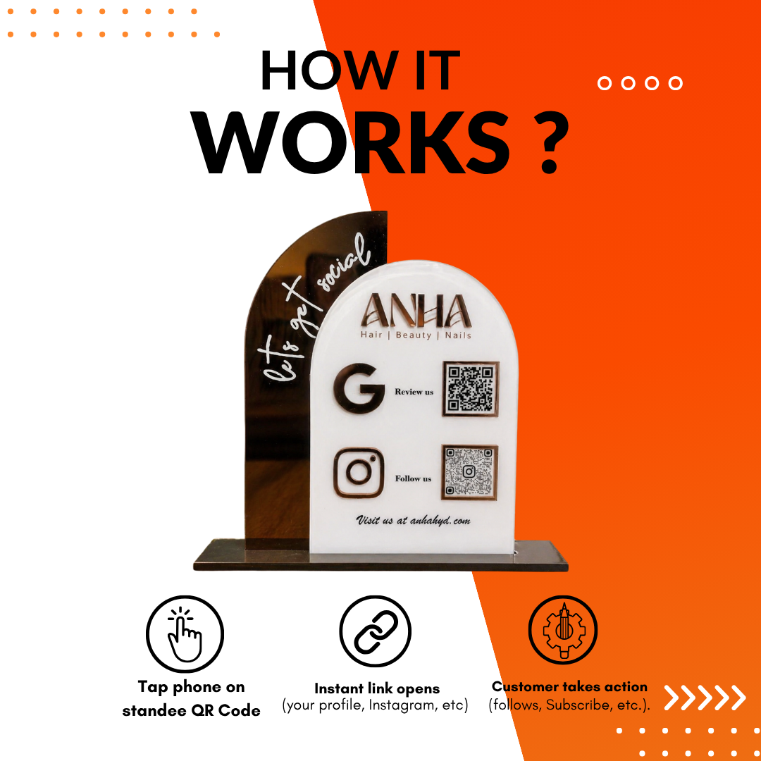 2 QR NFC Enabled Arch Round Shaped Acrylic Standee For Salon and spa
