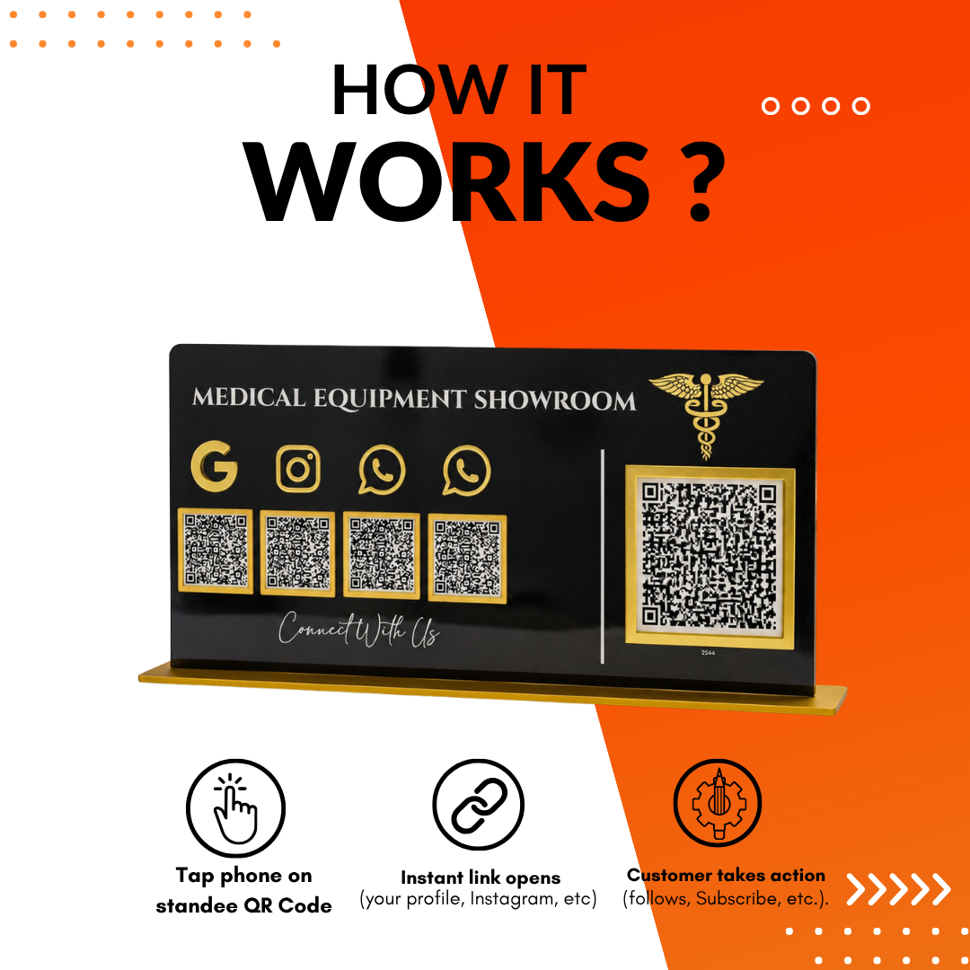 5 QR NFC Enabled Code Horizontal Standee for Medical Equipment Showroom Review WhatsApp and Payment Display For Clinic and Hospital For Clinic and Hospital