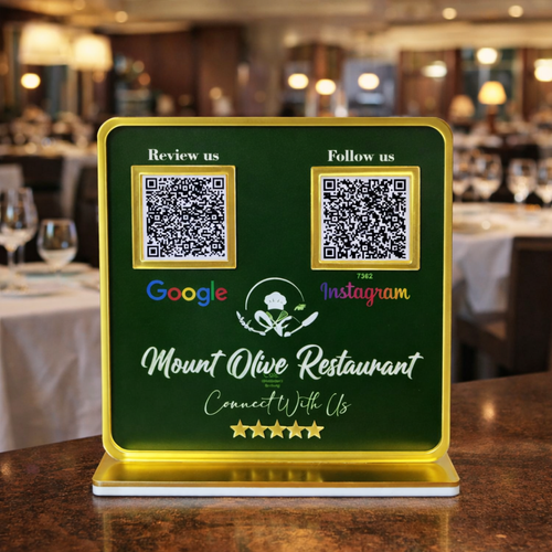 2 QR NFC Enabled Green Golden Border Standee for Restaurant Cafe & Food Shop