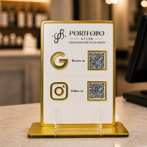 2 QR NFC Enabled Golden Border Standee With Card Stande for Shops Cafes Clinics & Offices For Salon and spa