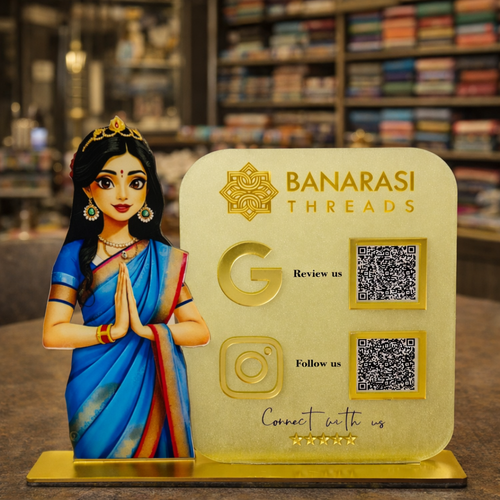 2 QR NFC Enabled Ethnic Wear Standee with Saree Girl Cutout for Boutique & Clothing Store