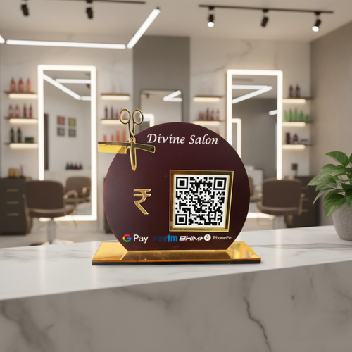 1 QR NFC Enabled Scissors Shape Design | Round Standee for Salon & Spa