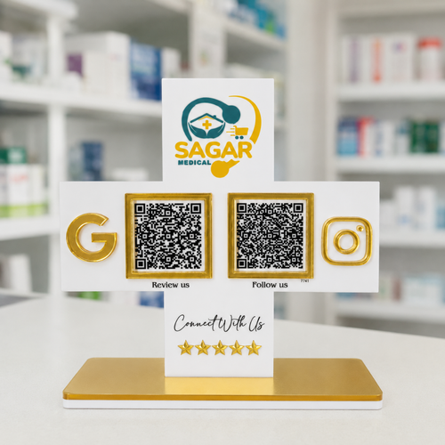 2 QR NFC Enabled Plus Shape Standee For Medical Store