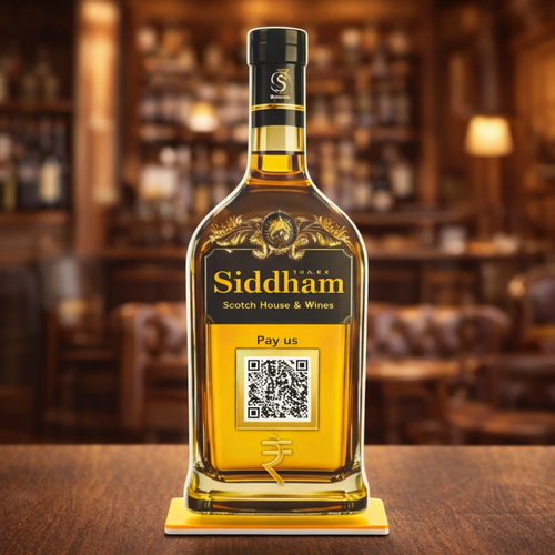 1 QR NFC Enabled Bottle Shape Table Top Standee for Scotch House & Wine Shop | UPI Payment