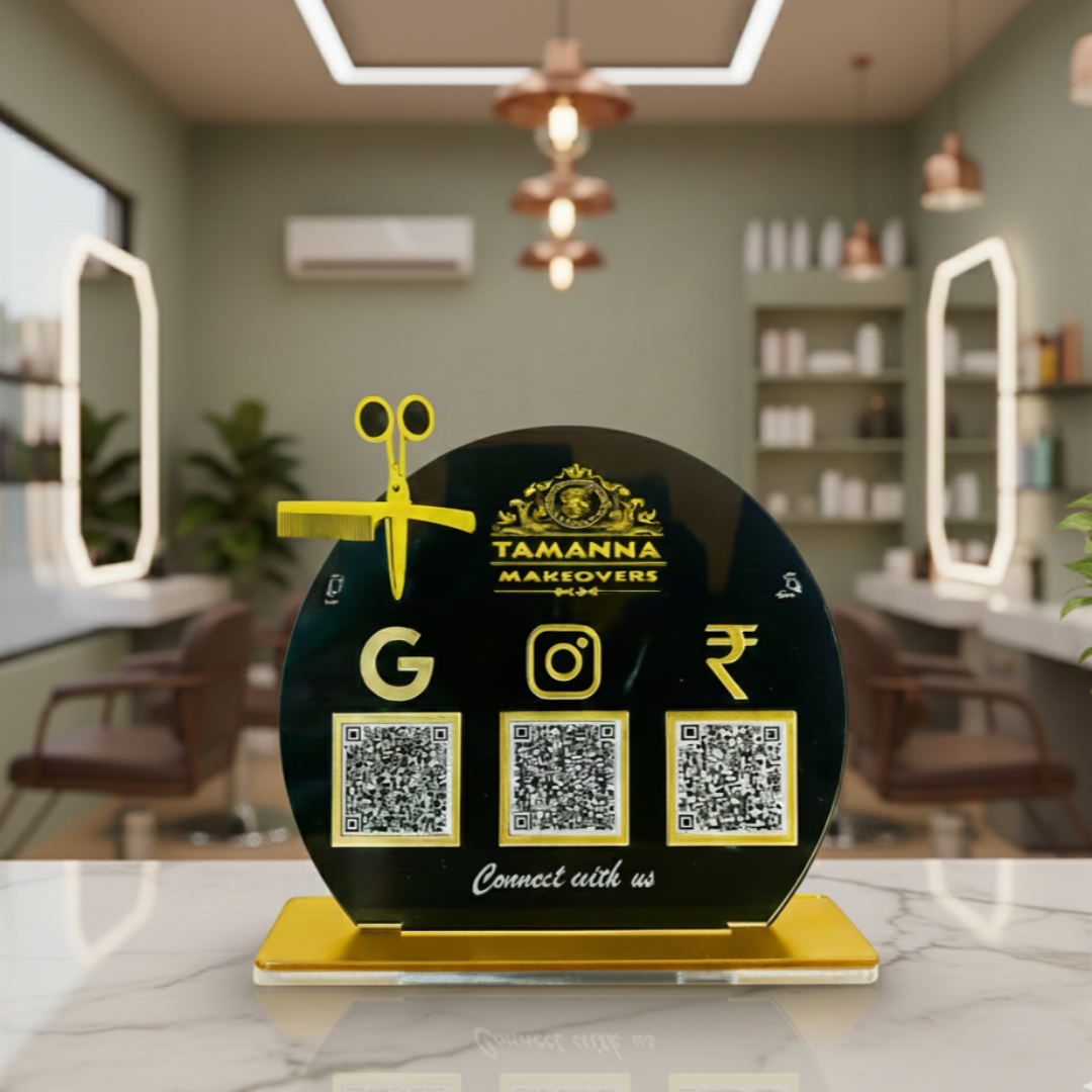 3 QR NFC Enabled Round Shape Standee with Scissor Cutout for Salon Spa & Barber Shop For Salon and spa