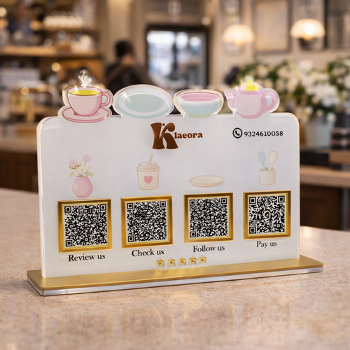 4 QR NFC Enabled Tea Cup Cut-Out Standee for Cafe Restaurant Tea Shop & Bakery
