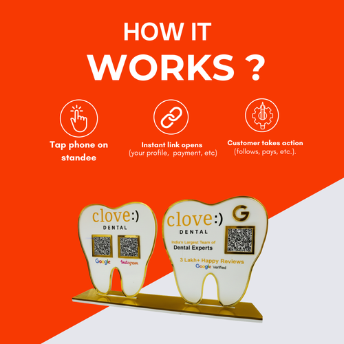 3 QR NFC Enabled Tooth Shape Standee for Dental Clinic & Dentist | Pack of 2 | Business Promotion for Dental Clinic