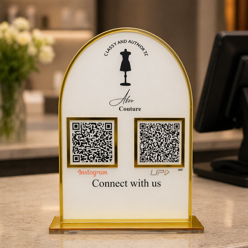2 QR NFC Enabled Arc Round Shape Golden Border Standee