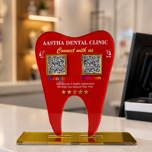2 QR NFC Enabled Tooth Shape Premium Red Standee for Dental Clinic