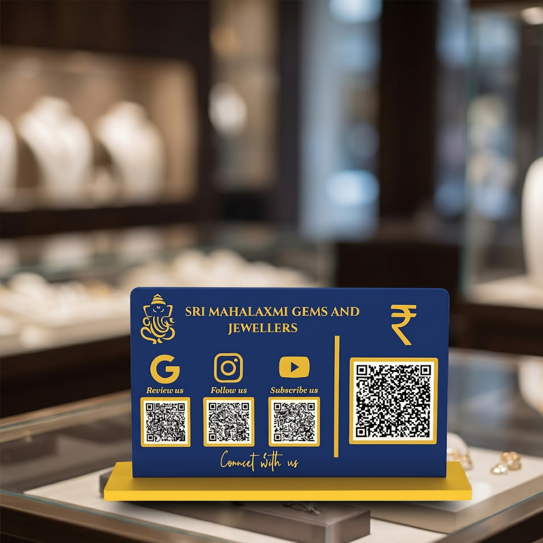 4 QR NFC Enabled Horizontal Blue Colour QR Standee with Payment QR For Jewellers.