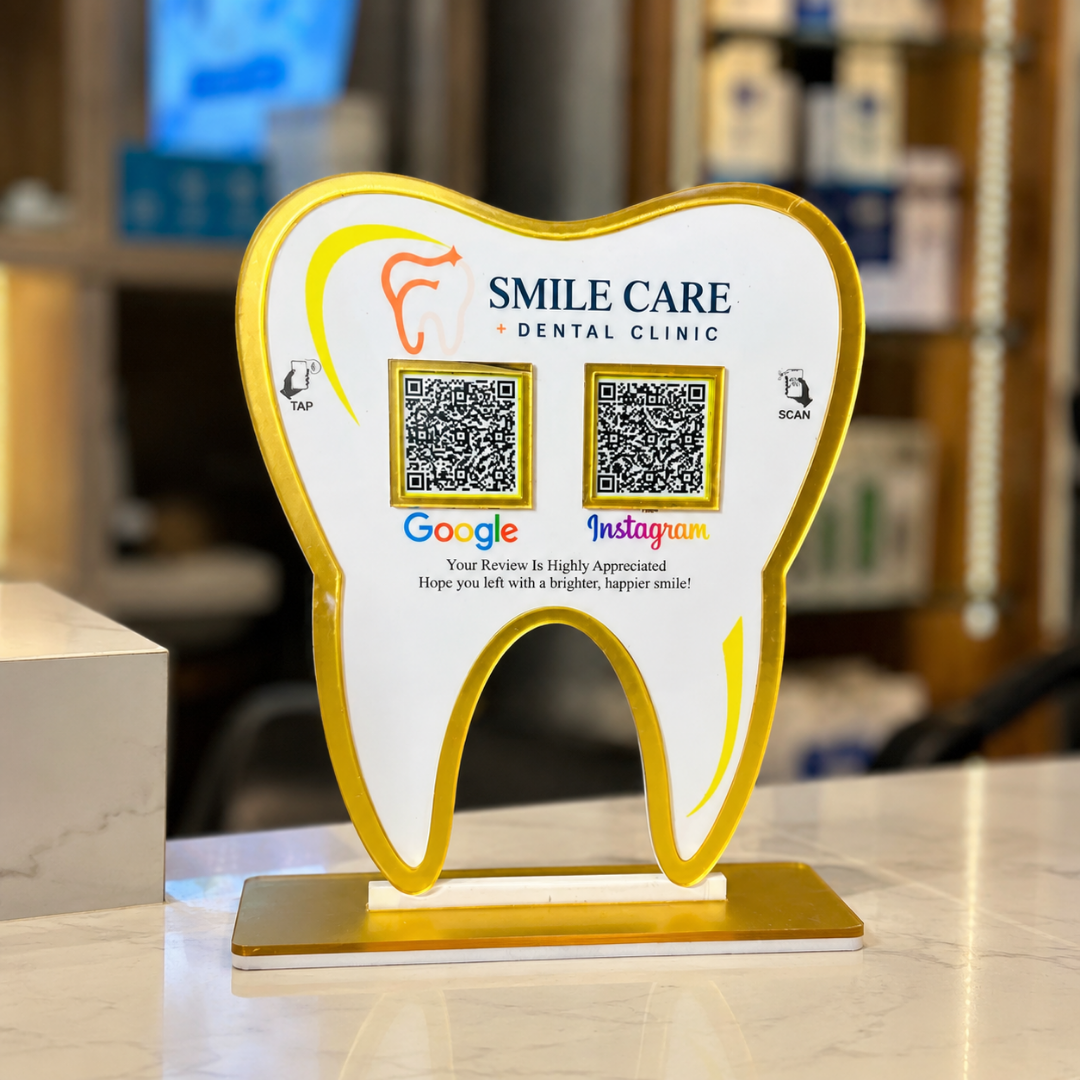 2 QR NFC Enabled Tooth Shape Dental Clinic Review Standee for Dentist Orthodontist Dental Surgeon for Dental Clinic