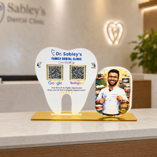 2 QR NFC Enabled Tooth Shape Doctor Cut out Standee For Clinic and dental clinic