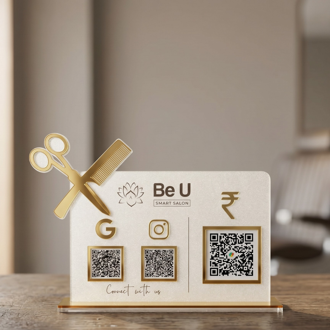 3 QR NFC Enabled Frosted Standee with Scissor Cutout for Salon Spa & Barber Shop