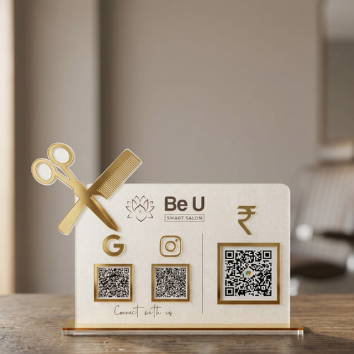 3 QR NFC Enabled Frosted Standee with Scissor Cutout for Salon Spa & Barber Shop
