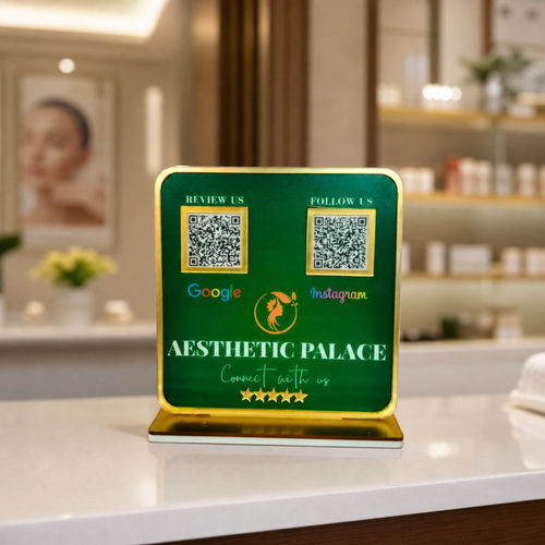 2 QR NFC Enabled Green Acrylic Standee with Golden Border