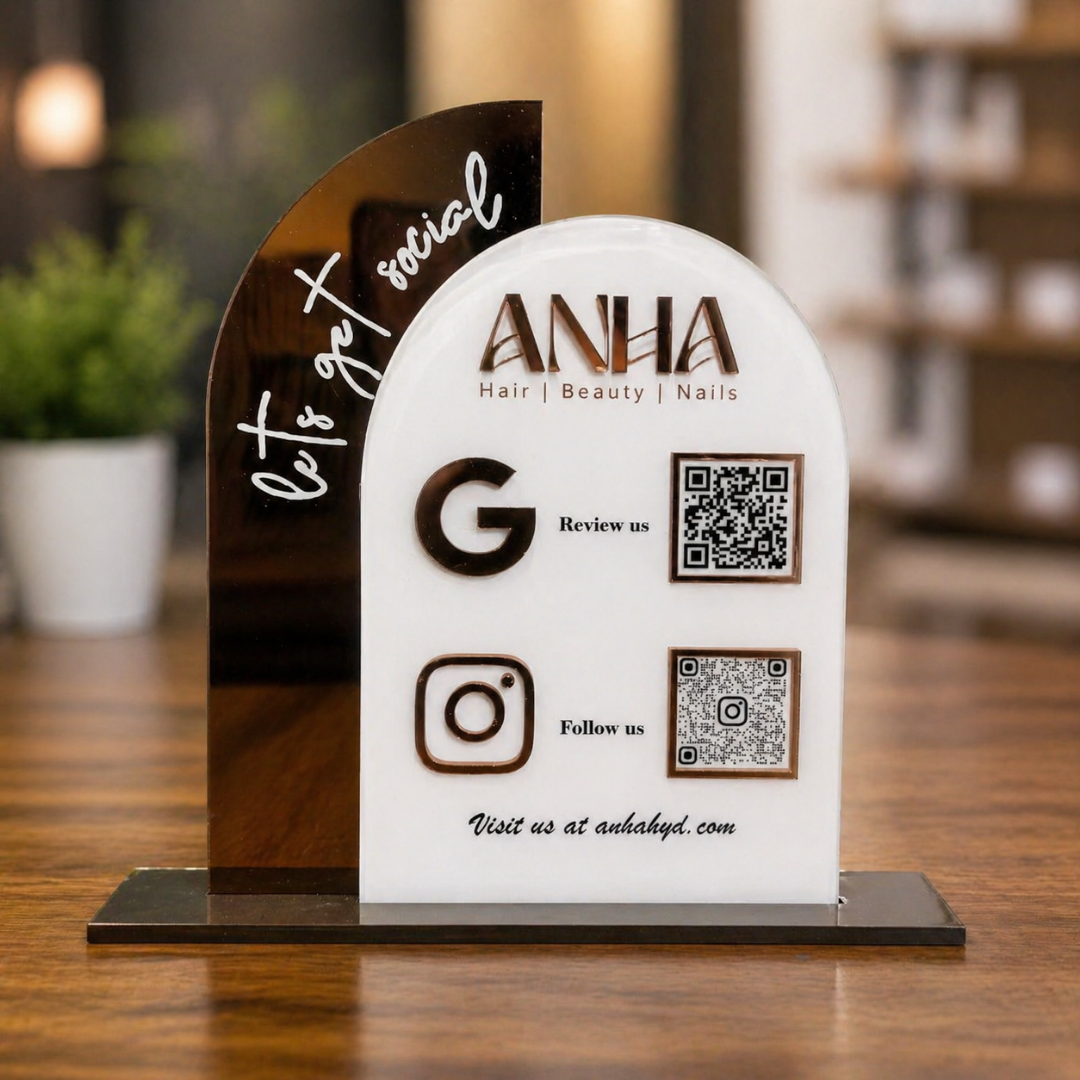2 QR NFC Enabled Arch Round Shaped Acrylic Standee For Salon and spa