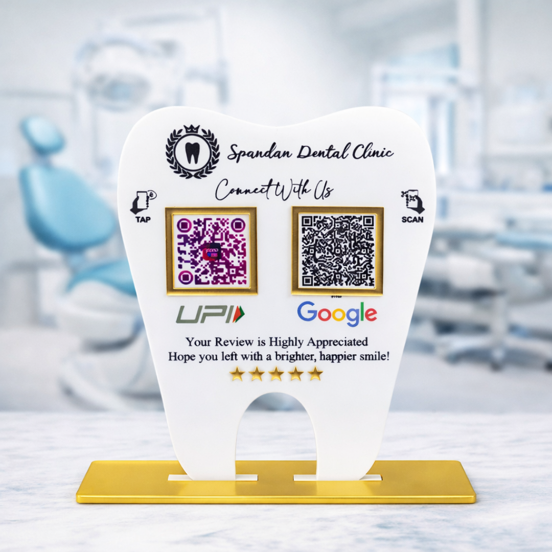 2 QR NFC Enabled Tooth Shape White Standee for Dental Clinic