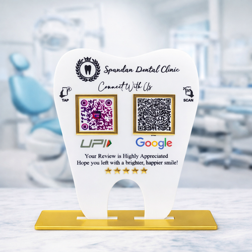 2 QR NFC Enabled Tooth Shape White Standee for Dental Clinic