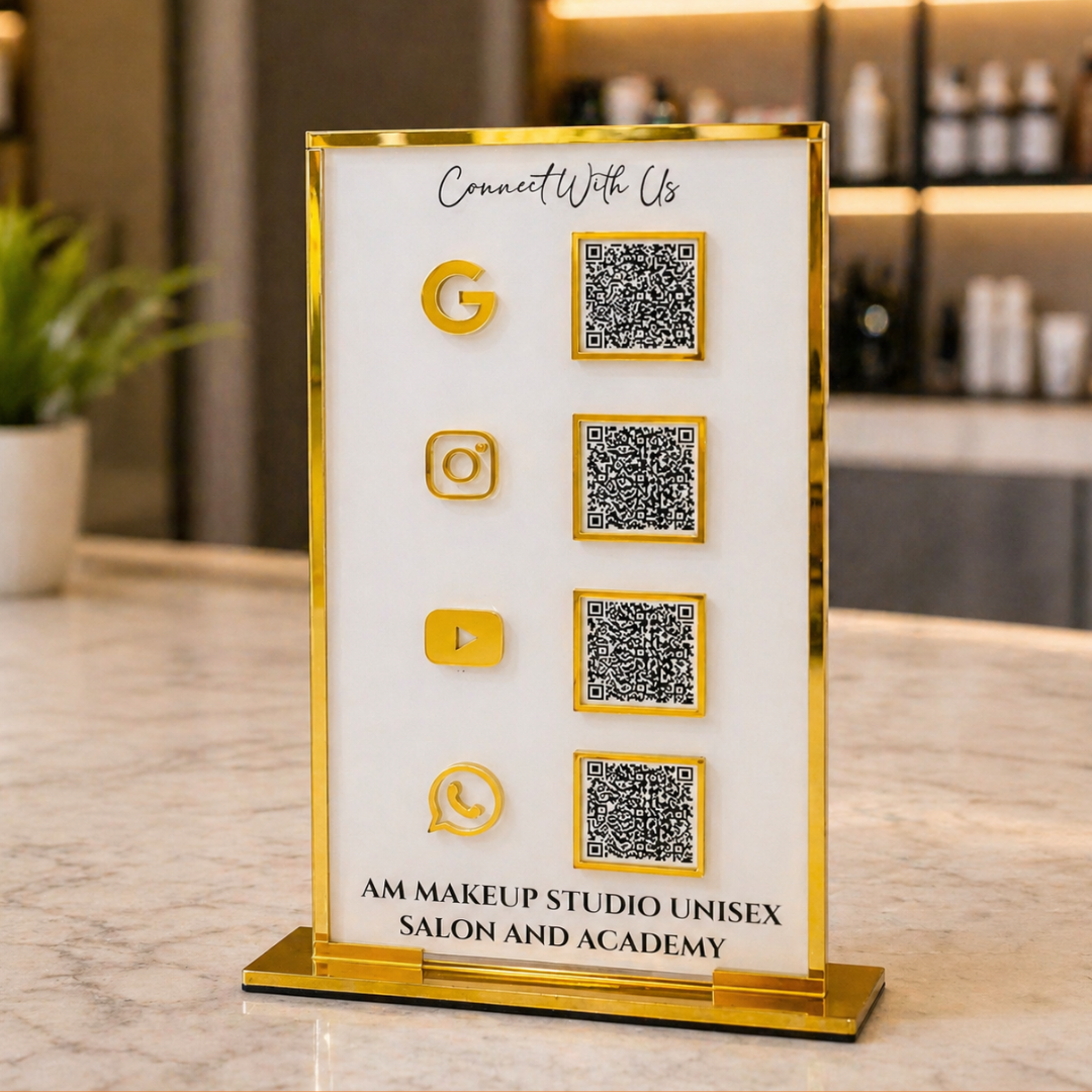4 QR NFC Enabled White Colour Vertical Standee  With Golden Border NFC Enabled For Salon and spa