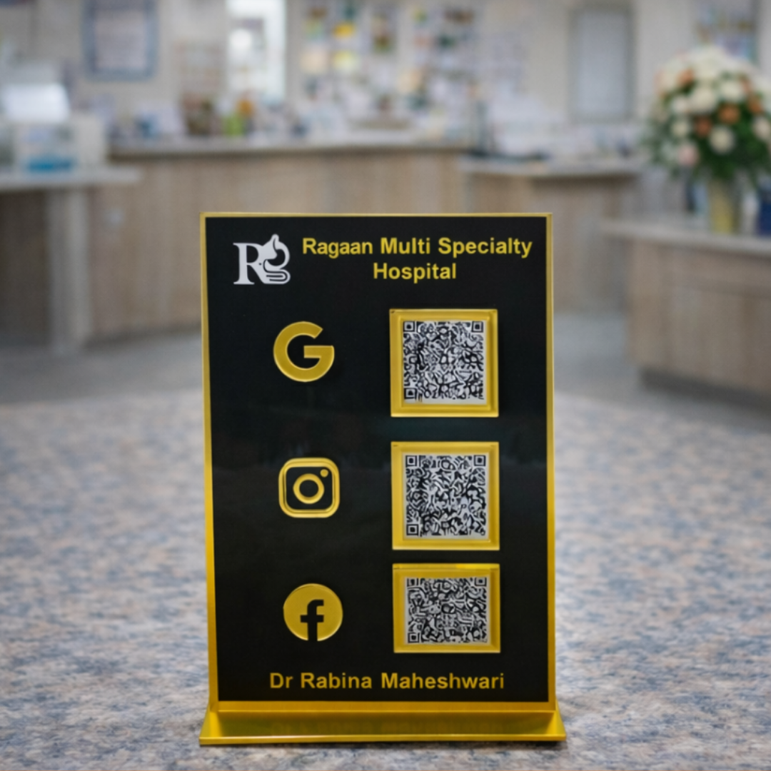 3 QR Black Goldan Border NFC Enabled Premium Standee for Shops Cafes Clinics & Offices