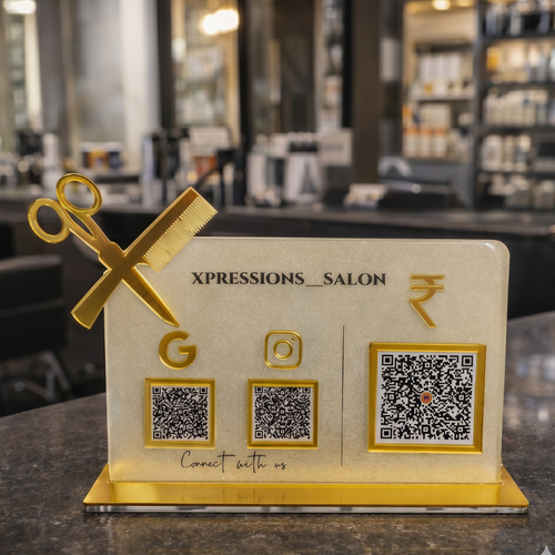 3 QR NFC Enabled Salon Standee with Scissor Cutout For Salon and spa