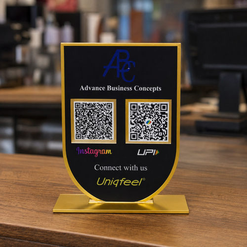 2 QR NFC Enabled Black Golden Border Arch Shape Premium Standee for Shops & Business