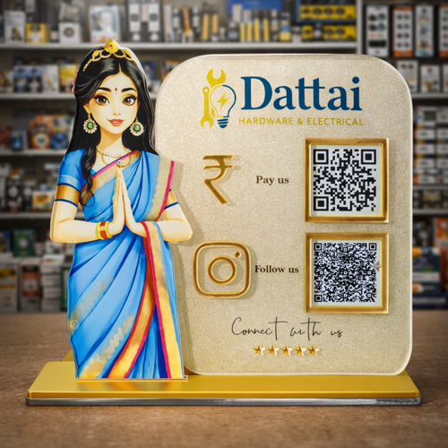 2 QR NFC Enabled welcome girl cutout standee for hardware electrical business tools wiring cable switchboard electrician services