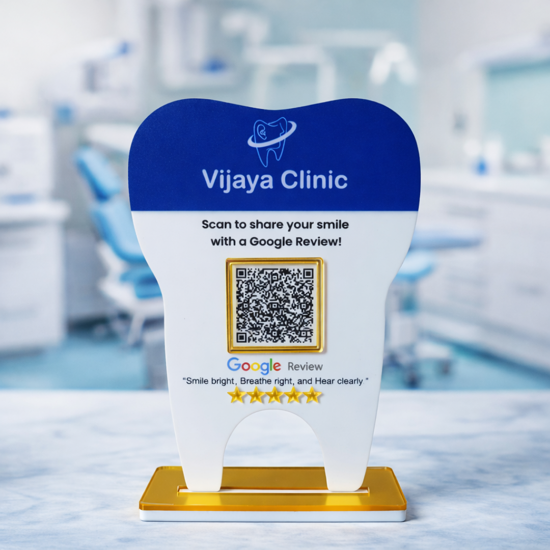 1 QR NFC Enabled Tooth Shape Standee for Clinic | Dental Clinic Table Top Display for Dental and Clinic and Hospital