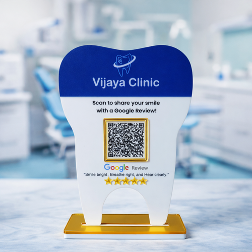 1 QR NFC Enabled Tooth Shape Standee for Clinic | Dental Clinic Table Top Display for Dental and Clinic and Hospital