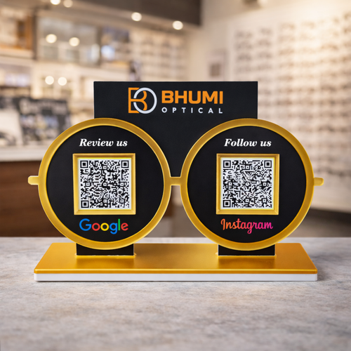 2 QR NFC Enabled Eyeglasses Shape Standee | Optical Store Acrylic Table Top Display