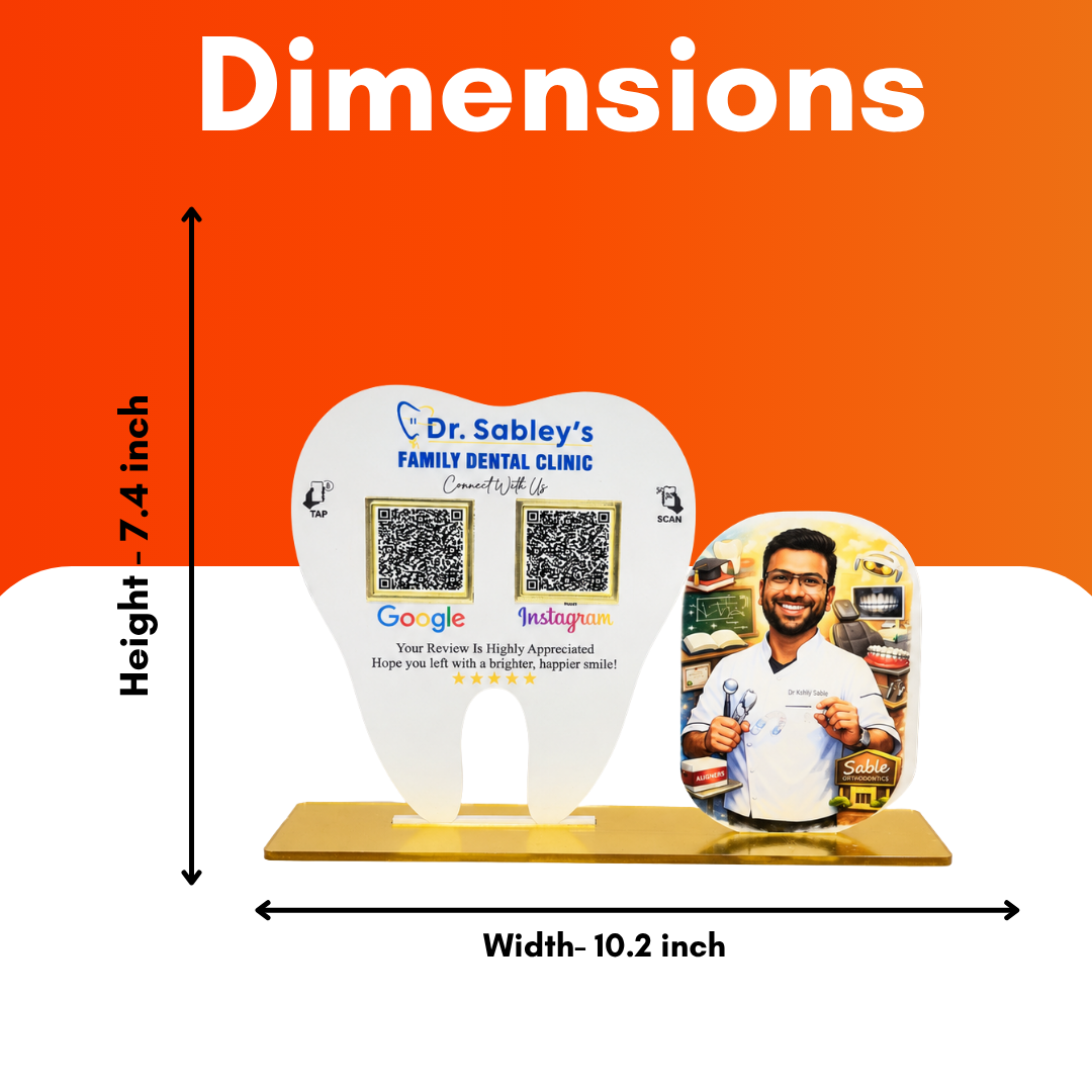 2 QR NFC Enabled Tooth Shape Doctor Cut out Standee For Clinic and dental clinic