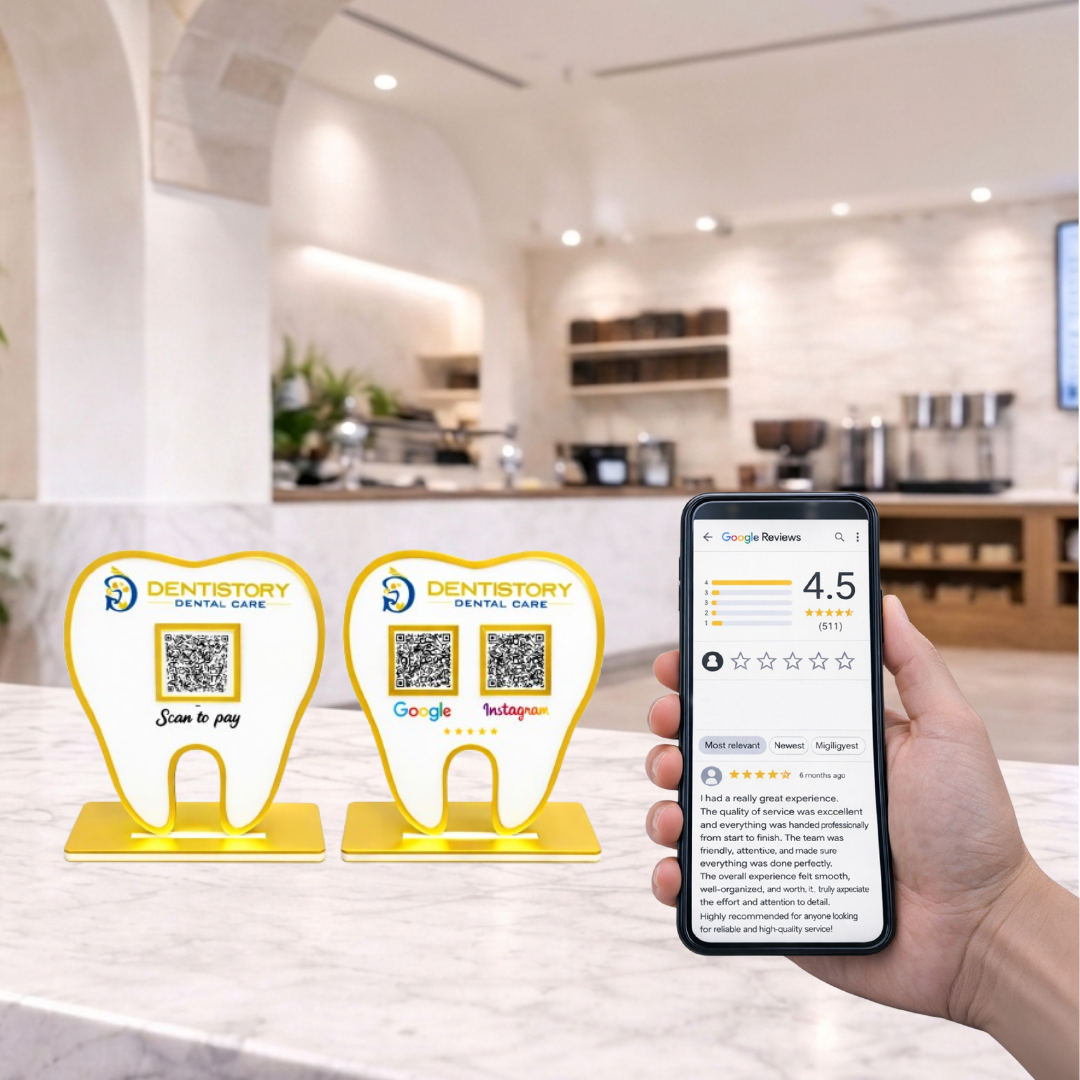 2 QR NFC Enabled Tooth Shape White Bundle for Shops Cafes Clinics & Offices - Pack of 2 for Dental Clinic