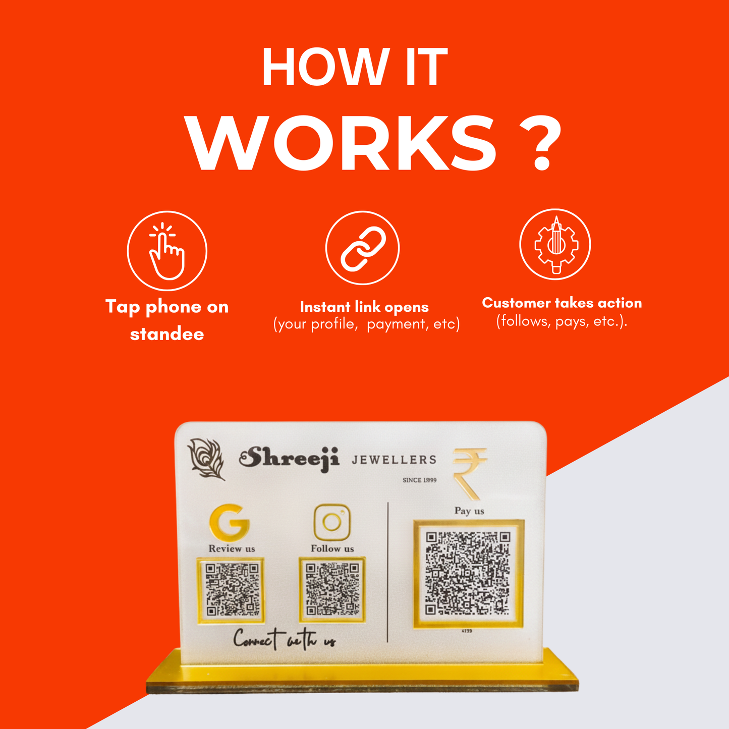 3 QR NFC Enabled Frosted Standee for Shops Cafes Clinics & Offices For Jewellers