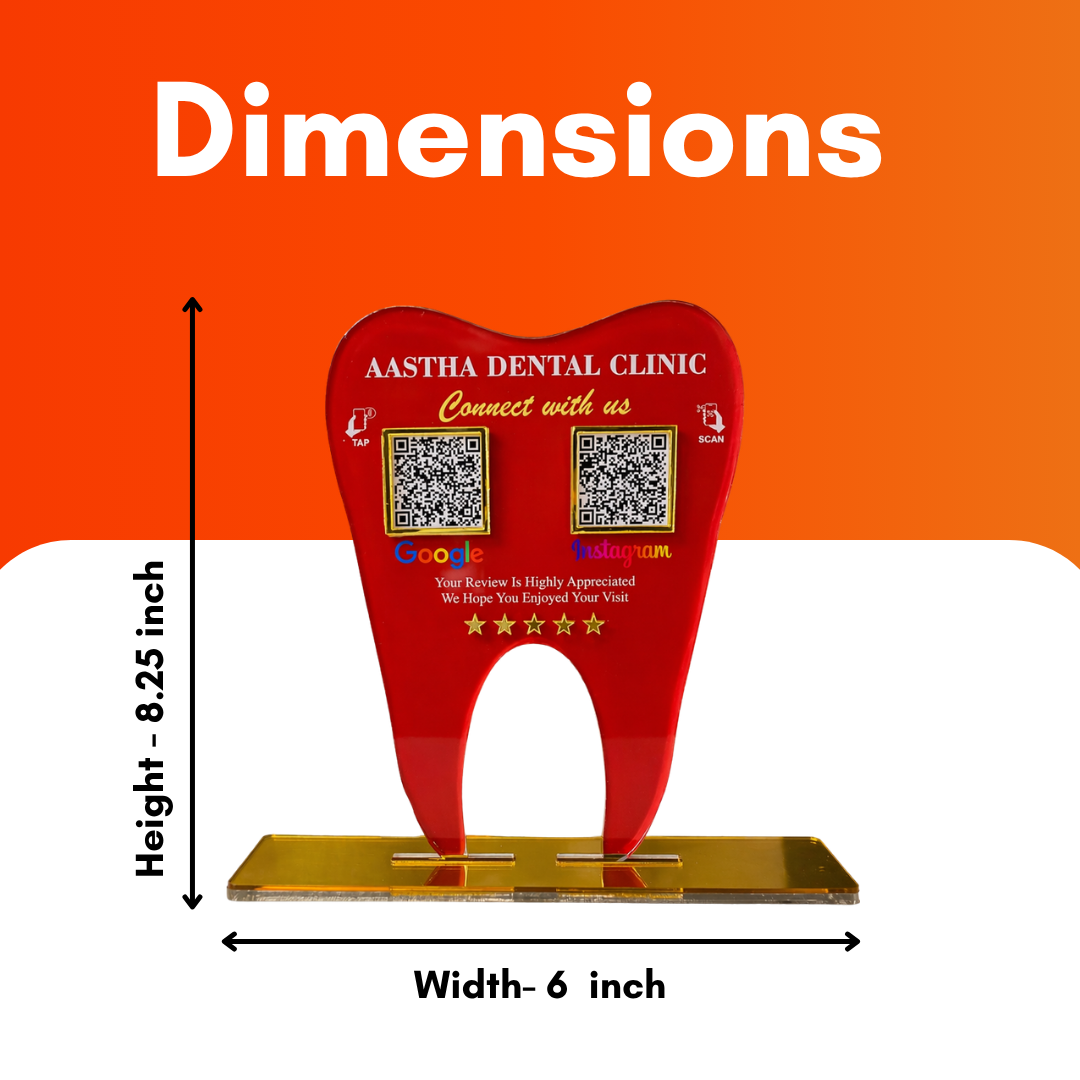 2 QR NFC Enabled Tooth Shape Premium Red Standee for Dental Clinic