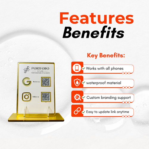 2 QR NFC Enabled Golden Border Standee With Card Stande for Shops Cafes Clinics & Offices For Salon and spa