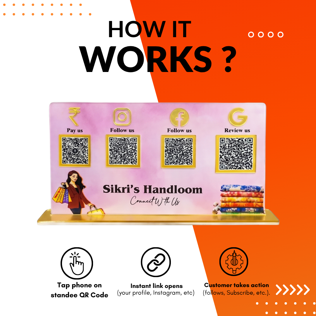 4 QR NFC Enabled Horizontal Standee For Handlooms and Boutiques and clothing Store