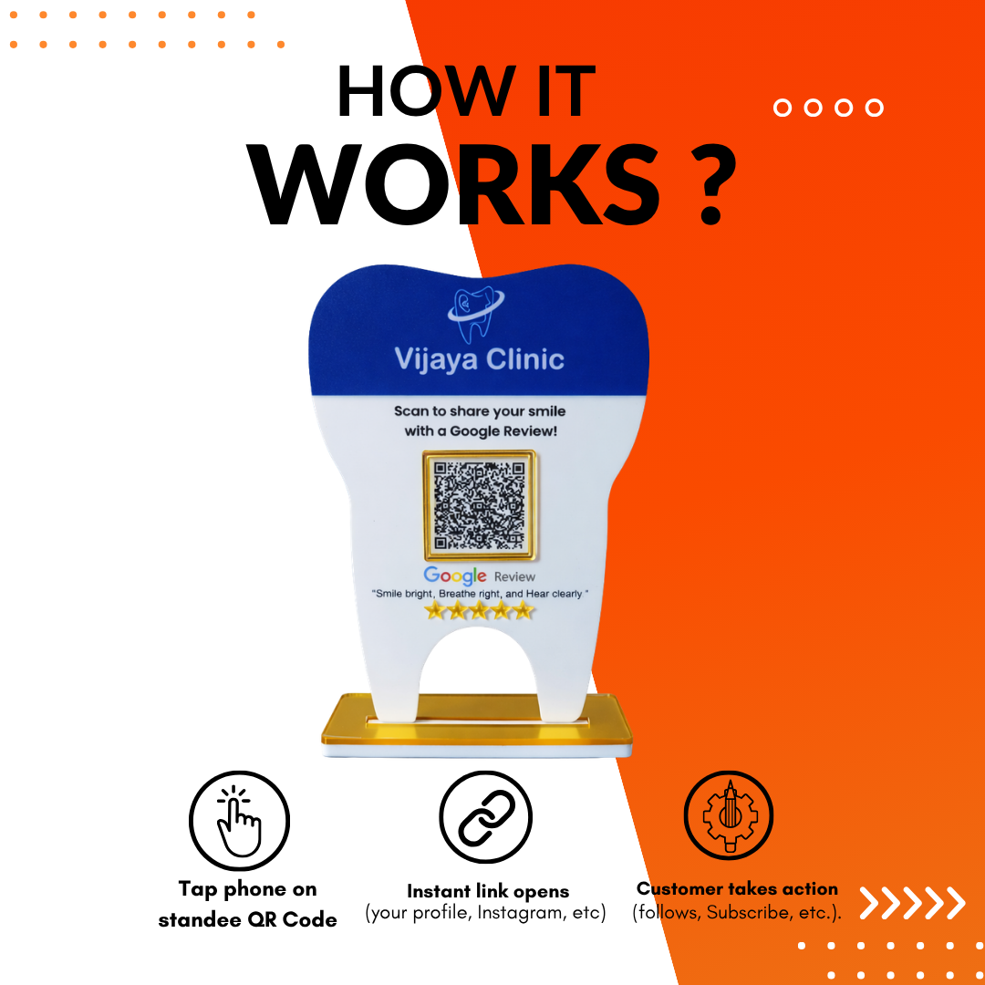 1 QR NFC Enabled Tooth Shape Standee for Clinic | Dental Clinic Table Top Display for Dental and Clinic and Hospital