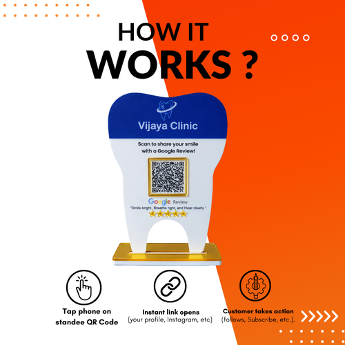 1 QR NFC Enabled Tooth Shape Standee for Clinic | Dental Clinic Table Top Display for Dental and Clinic and Hospital