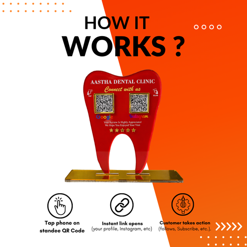 2 QR NFC Enabled Tooth Shape Premium Red Standee for Dental Clinic