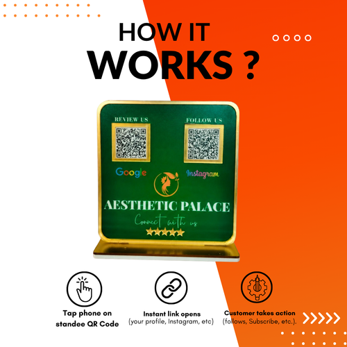 2 QR NFC Enabled Green Acrylic Standee with Golden Border