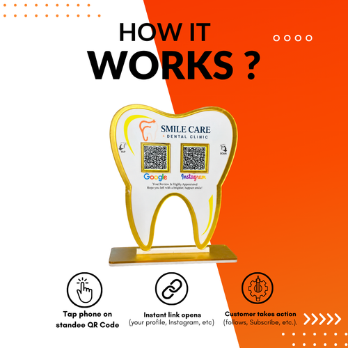 2 QR NFC Enabled Tooth Shape Dental Clinic Review Standee for Dentist Orthodontist Dental Surgeon for Dental Clinic