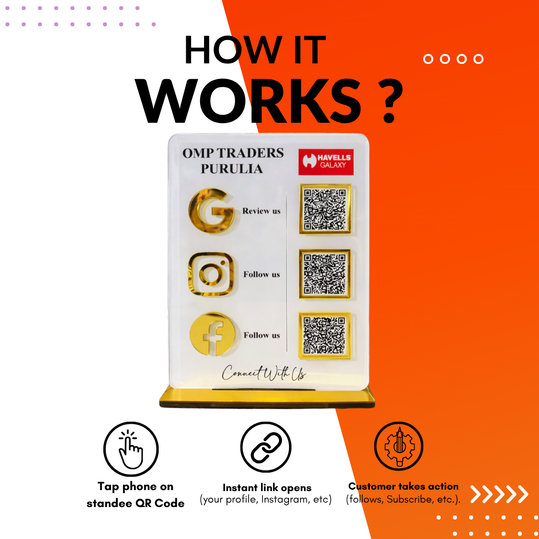 3 QR NFC Enabled Vertical White Acrylic Standee with Golden Icons For Electronics