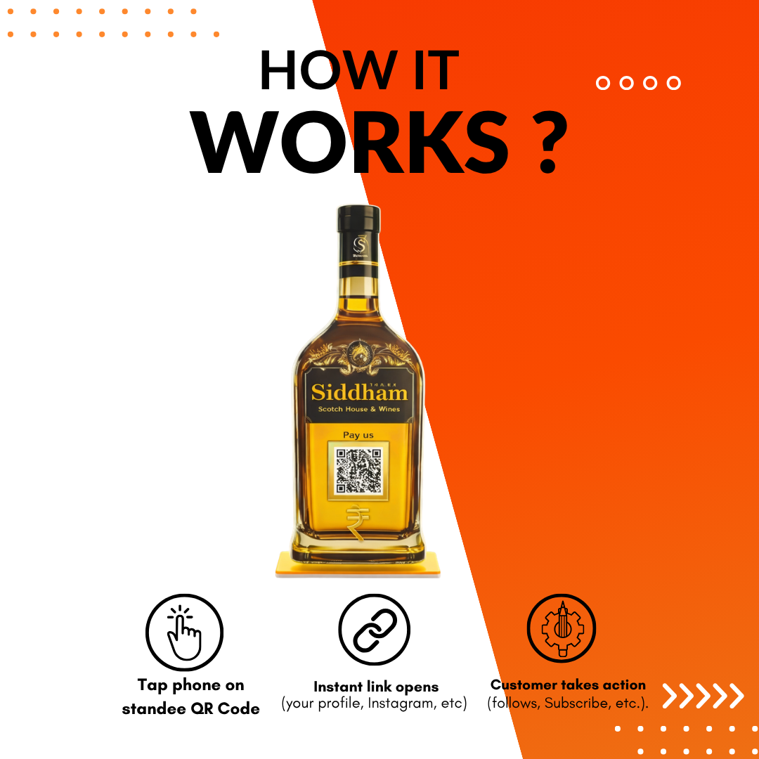 1 QR NFC Enabled Bottle Shape Table Top Standee for Scotch House & Wine Shop | UPI Payment