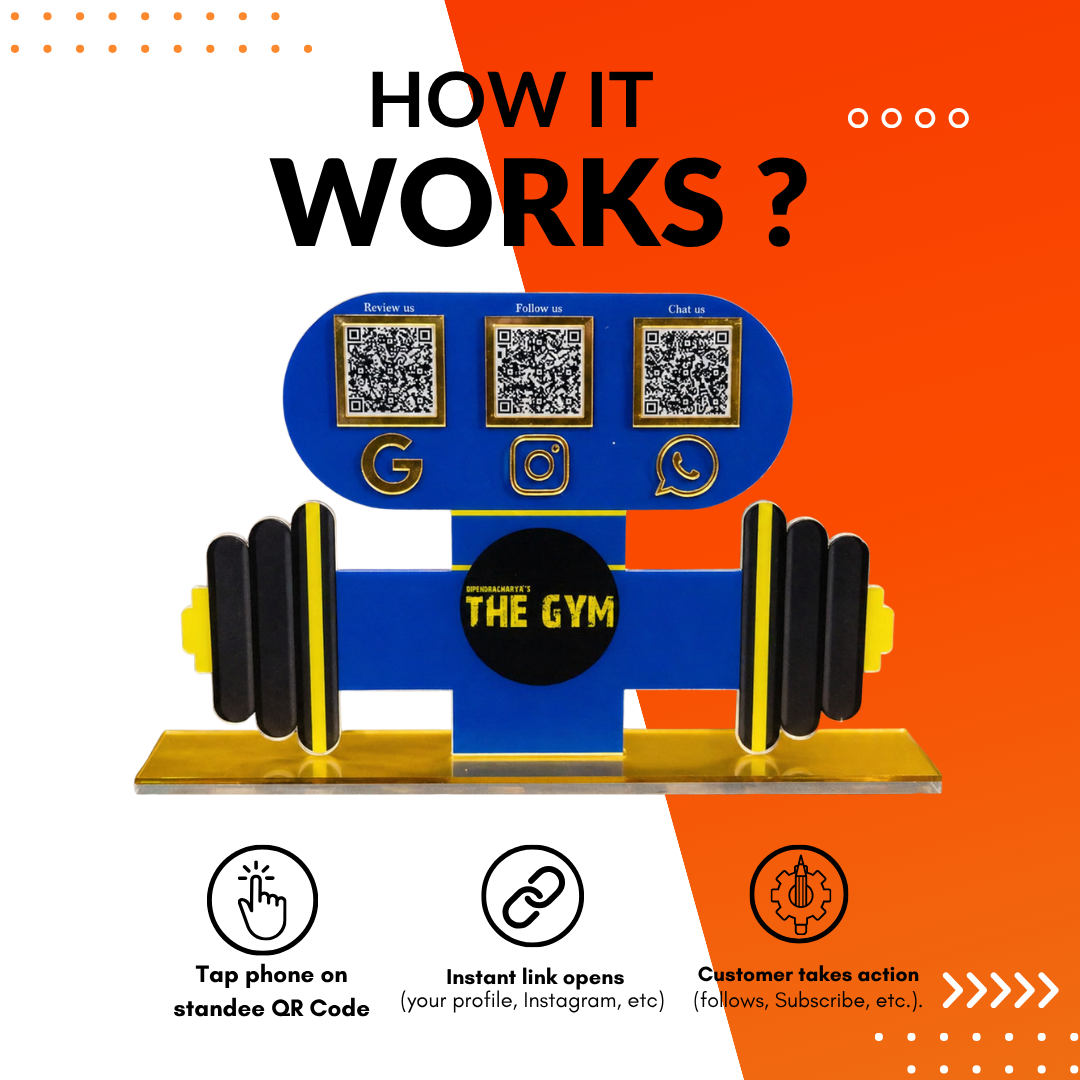 3 QR NFC Enabled Gym Dumbbell Shape Standee for Fitness Center
