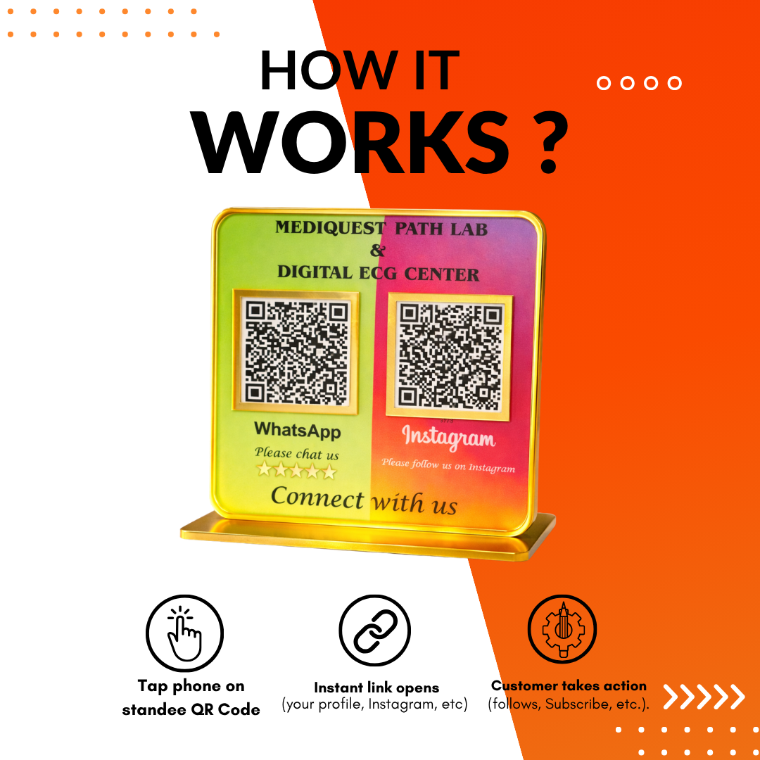 2 QR NFC Enabled Golden Border Colorful Countertop Standee for Shops Cafes Clinics & Offices