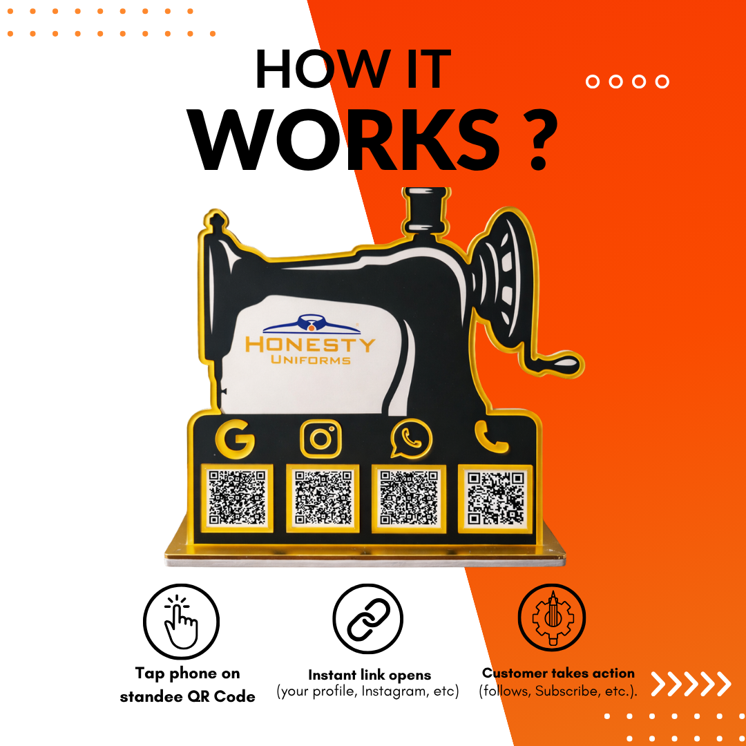 4 QR NFC Enabled Silai Machine Shape Standee For Tailor Boutique and Stitching