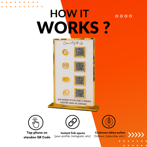 4 QR NFC Enabled White Colour Vertical Standee  With Golden Border NFC Enabled For Salon and spa