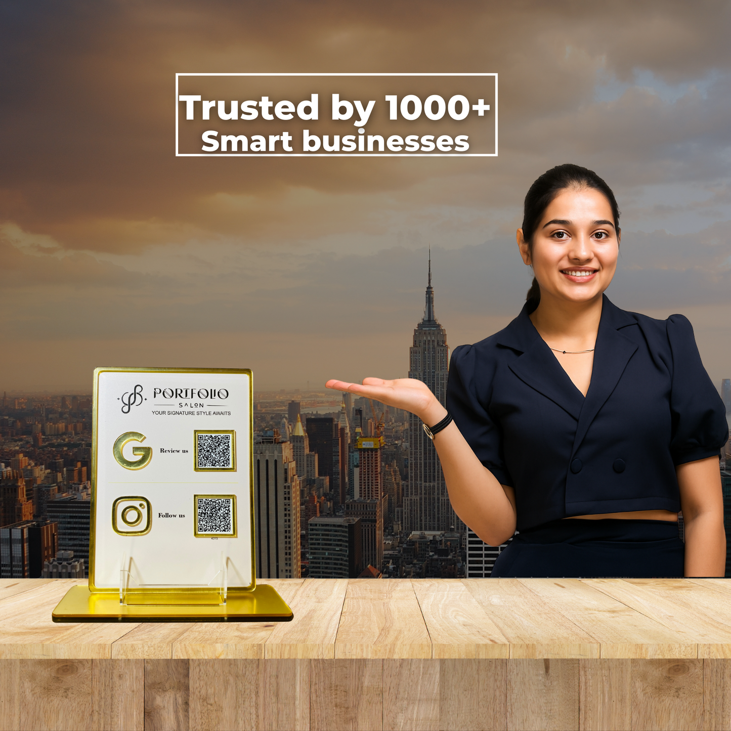 2 QR NFC Enabled Golden Border Standee With Card Stande for Shops Cafes Clinics & Offices For Salon and spa