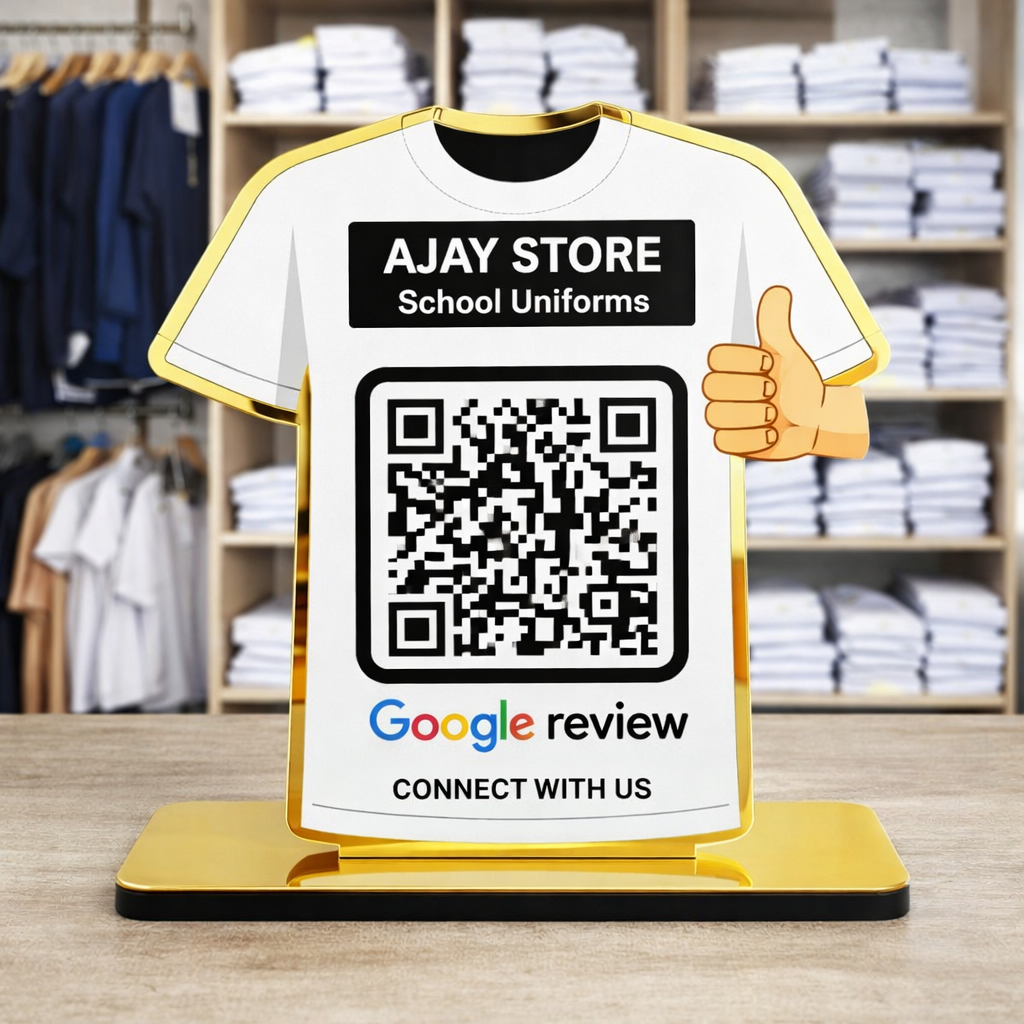 1 QR NFC Enabled T-Shirt Shape Table Top Google Review Standee for School Uniform Shop