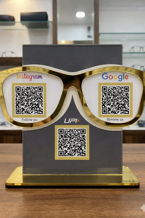 3 QR NFC Enabled Eyewear Store Table Top Acrylic Standee | For Optical Stores & Eye Clinics